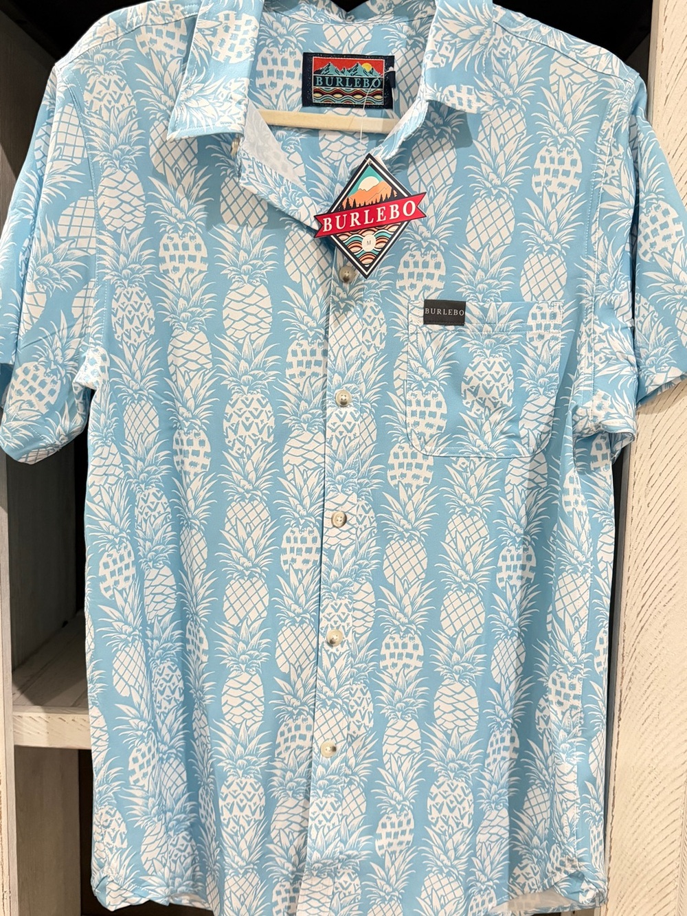 BURLEBO Light Blue & White Pineapple Print Short-Sleeve Button Shirt